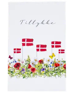 Kort med teksten 'Tillykke', danske flag og farverige vilde blomster som valmuer, margueritter og violer. Sommerfugle og hvid baggrund. Festligt og glædeligt design.