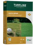 Æske med Turfline Quick Repair græsfrø og gødning til hurtig reparation af plæne, dækker 50 m². Viser før-og-efter billede af græsplæne, ideel til reparation.
