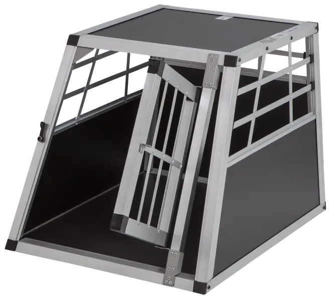 Transportbur för hund i aluminium och svart, med snedställda sidor, gallerlucka och ventilationsöppningar. Robust, lätt och säker för bilresor med husdjur.