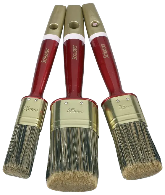 Sæt med tre runde pensler med røde håndtag, gyldne hylstre og naturbørster. Størrelser: 25mm, 35mm og 45mm, velegnet til forskellige maleropgaver.