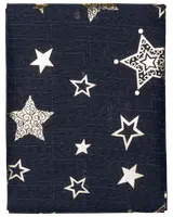 Mörkblått tyg med vita och gyllene stjärnmönster, vissa med snirkliga detaljer, andra är konturerade eller fyllda. Passar för hantverk, stoppning eller dekoration.