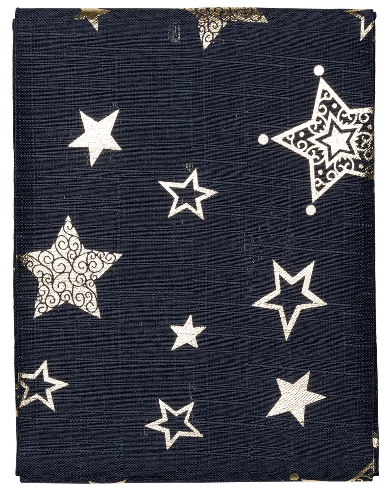 Mörkblått tyg med vita och gyllene stjärnmönster, vissa med snirkliga detaljer, andra är konturerade eller fyllda. Passar för hantverk, stoppning eller dekoration.