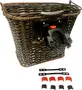 Dark brown woven basket with a sturdy plastic mounting bracket and quick-release mechanism on the front. The basket has a reinforced rim and a comfortable carrying handle. Below the basket, there are multiple mounting accessories, including black and red plastic inserts and two black metal support bars, designed for secure attachment to handlebars.