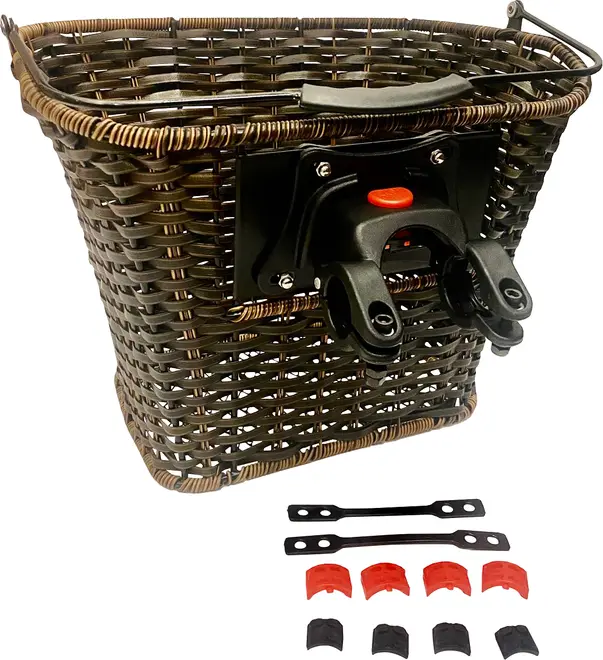 Dark brown woven basket with a sturdy plastic mounting bracket and quick-release mechanism on the front. The basket has a reinforced rim and a comfortable carrying handle. Below the basket, there are multiple mounting accessories, including black and red plastic inserts and two black metal support bars, designed for secure attachment to handlebars.