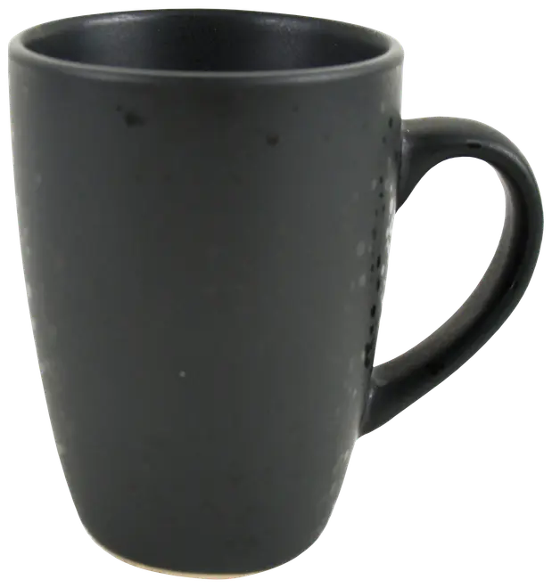 Mat sort keramikkrus i sort med glat overflade, cylindrisk form og stort buet håndtag. Perfekt til varme drikke som kaffe eller te. Enkel, moderne stil.