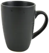 Mat sort keramikkrus i sort med glat overflade, cylindrisk form og stort buet håndtag. Perfekt til varme drikke som kaffe eller te. Enkel, moderne stil.