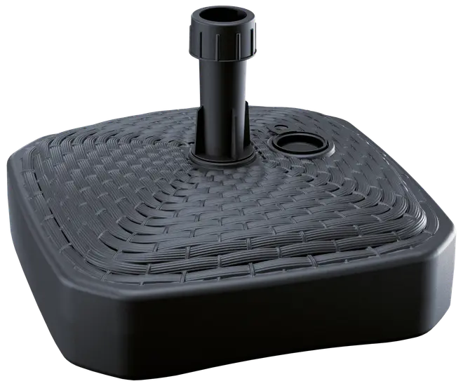 Svart fyrkantig parasollfot med flätad yta, central hållare och sidofyllningshål. Tillverkad av hållbar plast, passar utomhus på uteplats eller i trädgård.