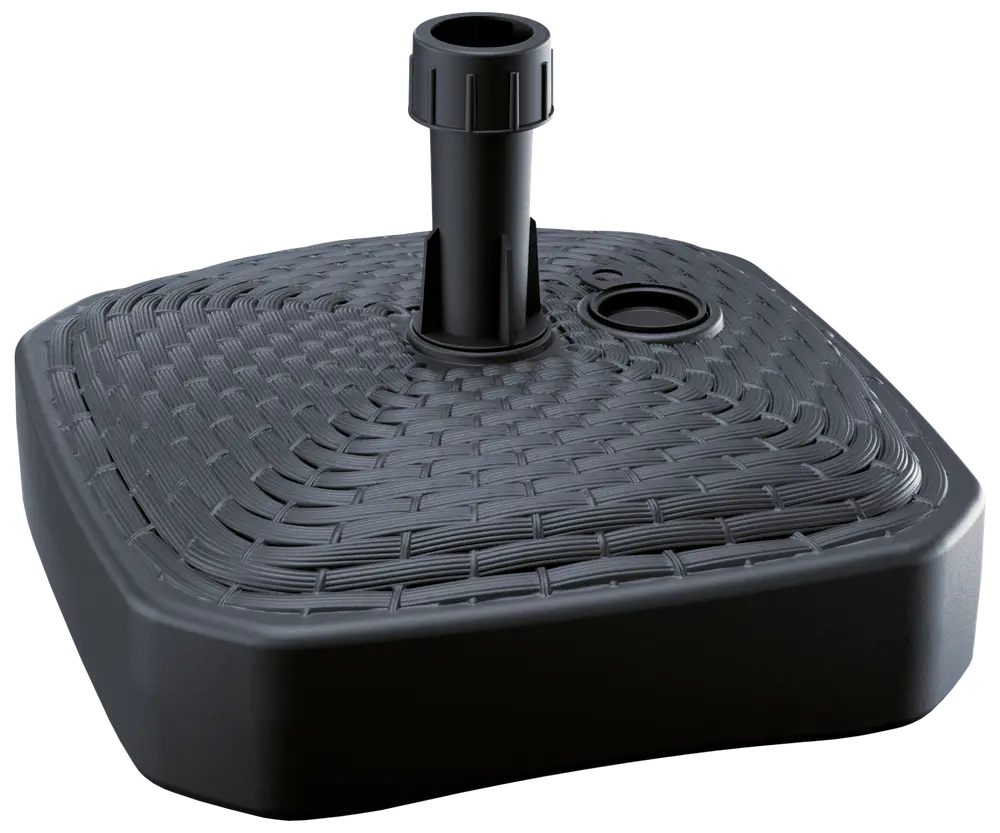 Svart fyrkantig parasollfot med flätad yta, central hållare och sidofyllningshål. Tillverkad av hållbar plast, passar utomhus på uteplats eller i trädgård.