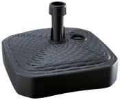 Sort firkantet parasolfod med flettet tekstur, centralt rørholder og sidehul til påfyldning. Fremstillet af holdbar plast, velegnet til udendørs brug på terrasser eller i haven.