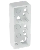 Hvid plast overflademonteret dåse til to moduler, rektangulær form, flere kabelindgange og monteringshuller, egnet til vægmontering af kontakter eller stikkontakter.