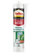 Hvid Pattex Perfect House akrylfugemasse i tube med dyse, egnet til indendørs og udendørs brug.
