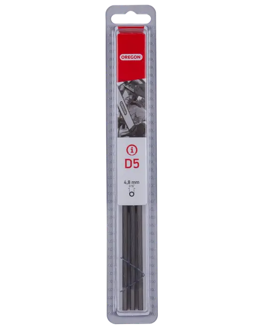 Pakke med Oregon D5 runde kædesavfile, 4,8 mm diameter, velegnet til slibning af kædesavskæder. Leveres i gennemsigtig plastæske med rød og hvid mærkning.