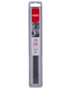 Pakke med Oregon D5 runde kædesavfile, 4,8 mm diameter, velegnet til slibning af kædesavskæder. Leveres i gennemsigtig plastæske med rød og hvid mærkning.