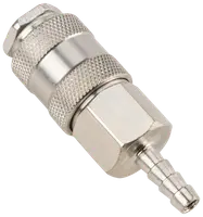 Metal hurtigkobling til luftslange med riflede greb, sekskantet møtrik og slangestuds. Holdbar, korrosionsbestandig, egnet til trykluftværktøj og kompressorer.