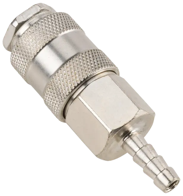 Metal hurtigkobling til luftslange med riflede greb, sekskantet møtrik og slangestuds. Holdbar, korrosionsbestandig, egnet til trykluftværktøj og kompressorer.