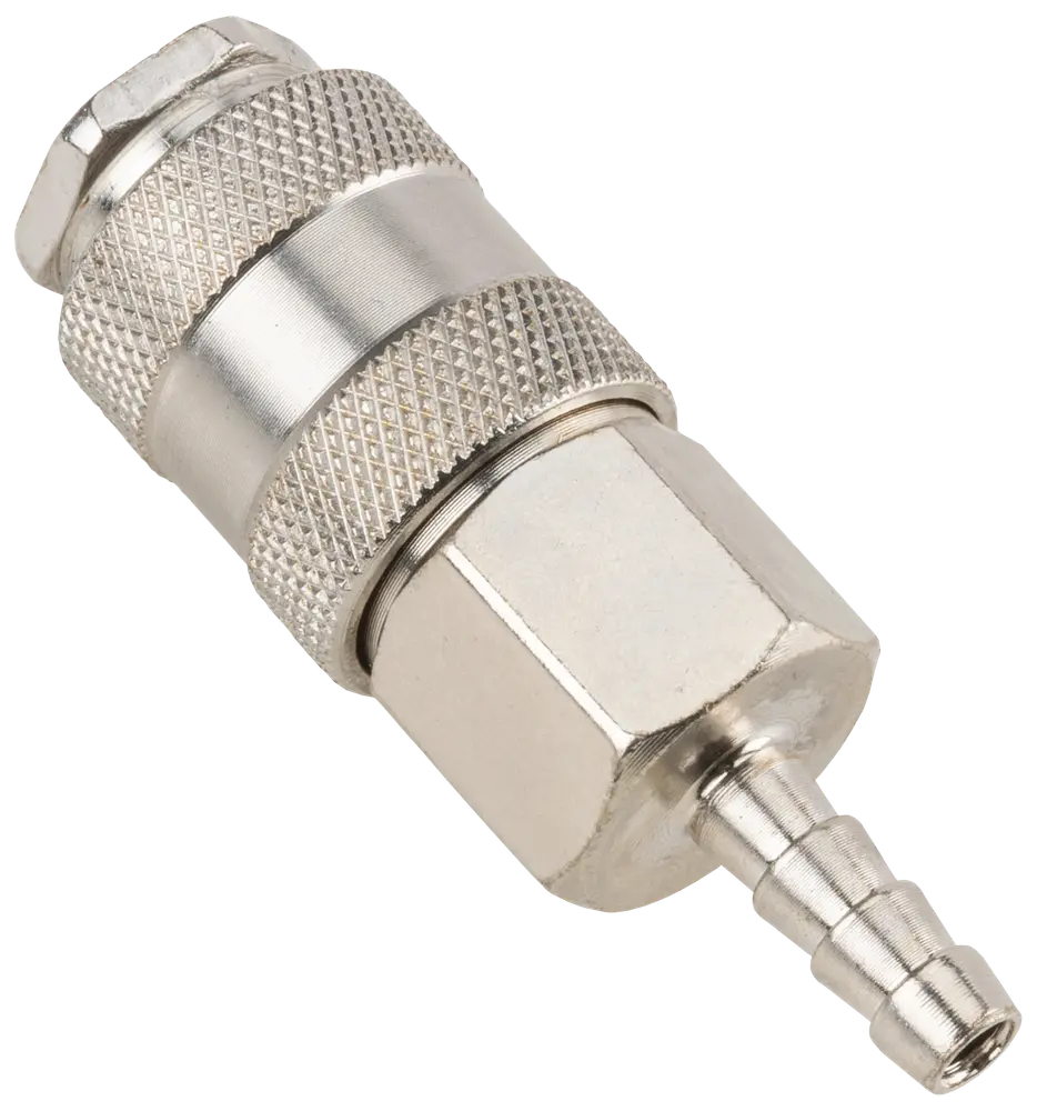 Metal hurtigkobling til luftslange med riflede greb, sekskantet møtrik og slangestuds. Holdbar, korrosionsbestandig, egnet til trykluftværktøj og kompressorer.