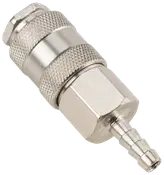 Metall snabbkoppling för luftslang med räfflat grepp, sexkantmutter och slanganslutning. Hållbar, korrosionsbeständig, passar tryckluftsverktyg och kompressorer.