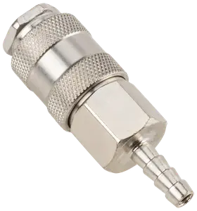 Metal hurtigkobling til luftslange med riflede greb, sekskantet møtrik og slangestuds. Holdbar, korrosionsbestandig, egnet til trykluftværktøj og kompressorer.