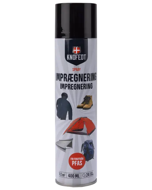 Knofedt imprægneringsspray på aerosol dåse, 400 ml, til vandafvisning af tøj, sko, telte og rygsække.