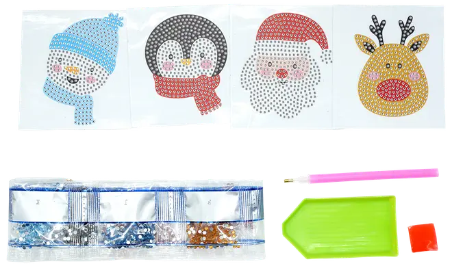 Diamantmålning julkit med fyra motiv, färgade strasstenar, applikatorpenna, grön bricka och vax. Innehåller snögubbe, pingvin, tomte och renmönster.