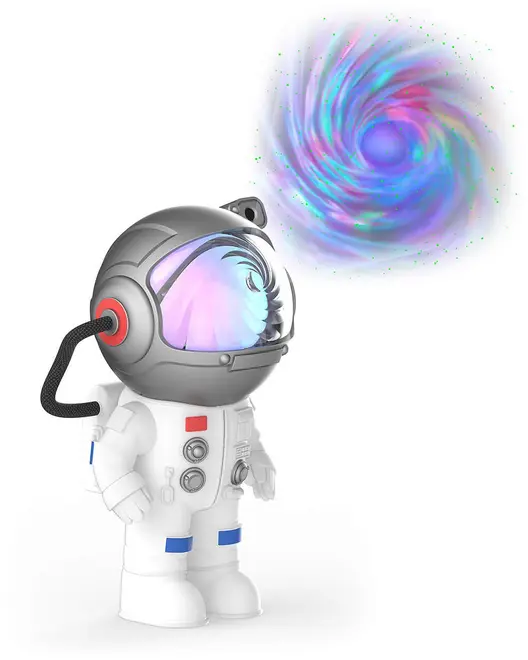 Tegneserie-astronautfigur med blank sølvhjelm, hvid dragt med røde og blå detaljer samt sort slange. Farverig, hvirvlende galakseeffekt ses over hjelmen.