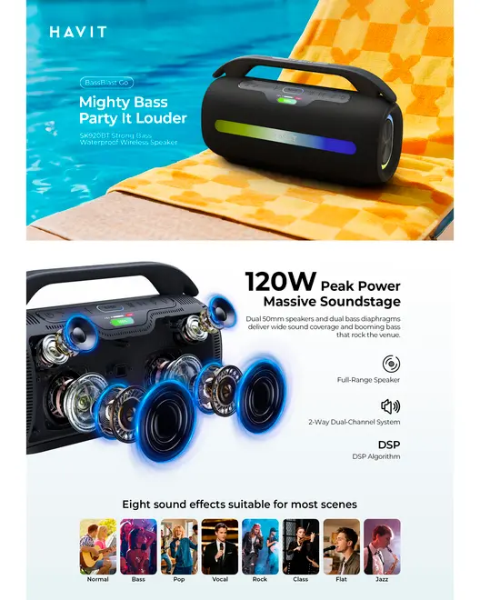 Bærbar, vandtæt trådløs højttaler med håndtag, LED-lysstribe, 120W peak power, to 50mm højttalere, dobbelte basmembraner og otte lydtilstande til forskellige musikgenrer.