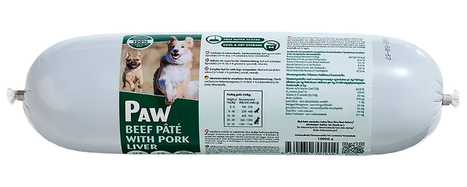 Paw oksekødspaté med svinelever til hunde i hvid plastemballage med etiket, to hunde, ingrediensliste og 1000 g.