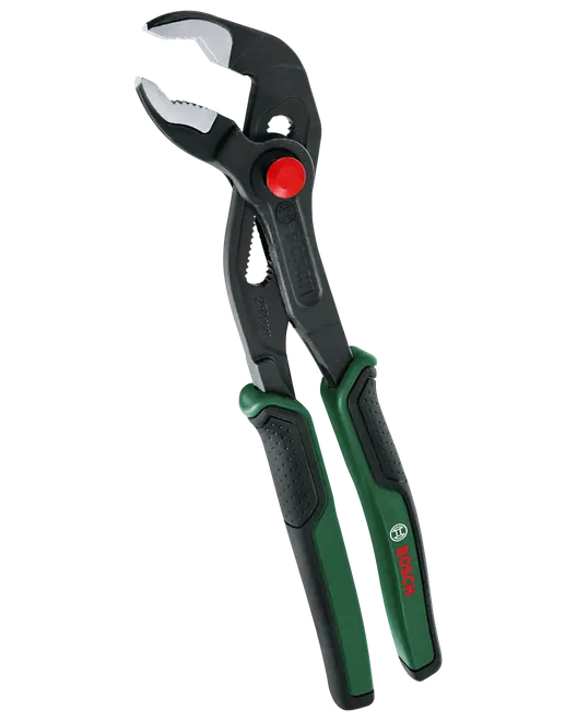 Justerbare vandpumpetænger med sorte metalbakker, rød justeringsknap og ergonomiske grøn-sorte håndtag med skridsikkert greb. Velegnet til rør og møtrikker. Bosch-logo på håndtaget.