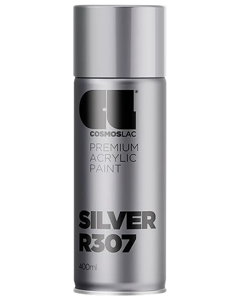 400 ml spraydåse med Cosmoslac premium akrylmaling i sølv R307, med elegant metallisk finish og brugervenlig dyse for jævn påføring.