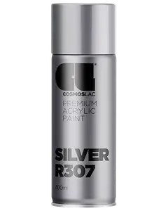400 ml spraydåse med Cosmoslac premium akrylmaling i sølv R307, med elegant metallisk finish og brugervenlig dyse for jævn påføring.