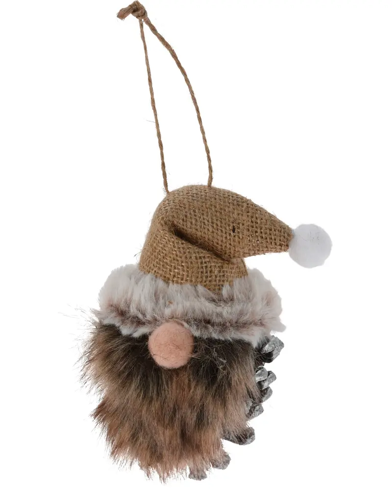 Julprydnad i form av tomte med jutesäcksmössa, fuskpäls-skägg, rosa näsa och kottekropp. Utrustad med snöre för enkel upphängning.