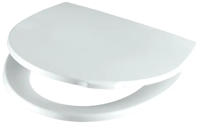 Vitt ovalt toalettsits med stängt lock, tillverkad av slät plast. Konturerad design för komfort, passar standardtoaletter. Gångjärn för enkel öppning och stängning.