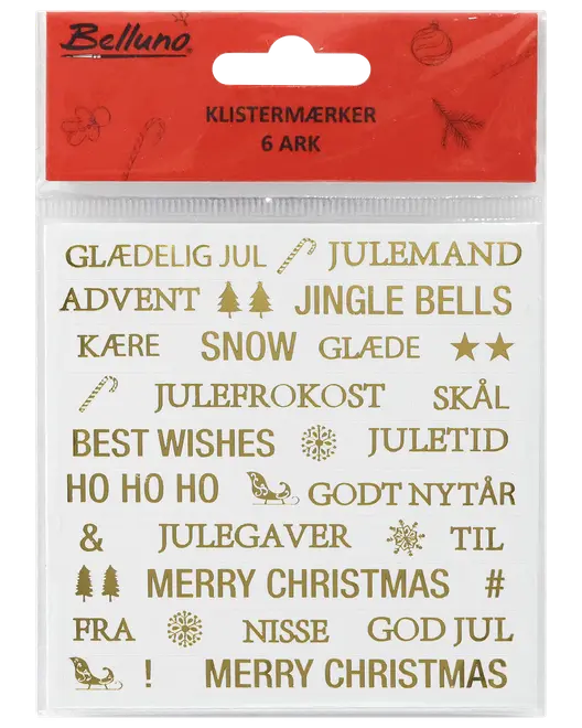Ark med guldfarvede juleklistermærker med danske og engelske ord som "Glædelig Jul," "Julemand," og ikoner som stjerner, træer og kane. Indeholder seks ark.