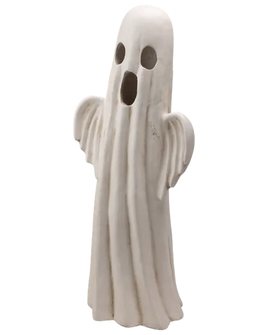 Hvid spøgelsesfigur med draperet lagen-design, hul sorte øjne og mund, Halloween-dekoration.