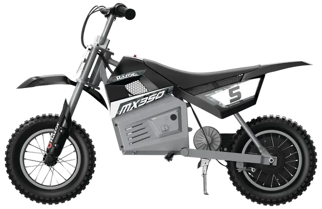 Elektrisk crossmotorcykel med sort og sølv stel, grove dæk, nummer 5 mærkat og MX350 logo. Polstret sæde, kædetræk og robust design til offroad-kørsel.