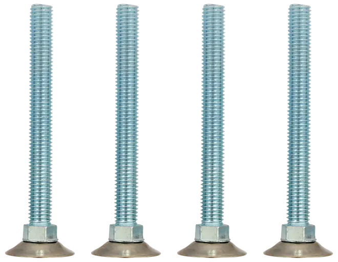 Sæt med fire justerbare stilleskruer med gevindstænger, sekskantmøtrikker og brede runde baser. Velegnet til møbler eller maskiner for stabilitet og højdejustering.