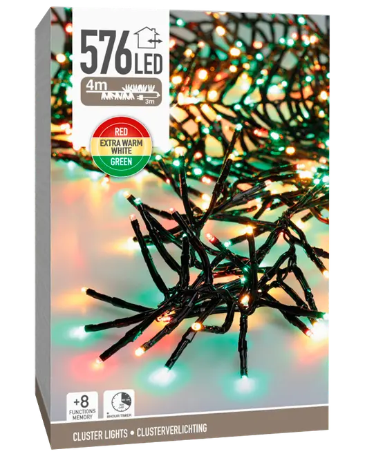 576 LED klusterljus, 4 meter lång, med röda, extra varmvita och gröna lampor. 8 funktioner, minne, svart kabel, för inomhusbruk.