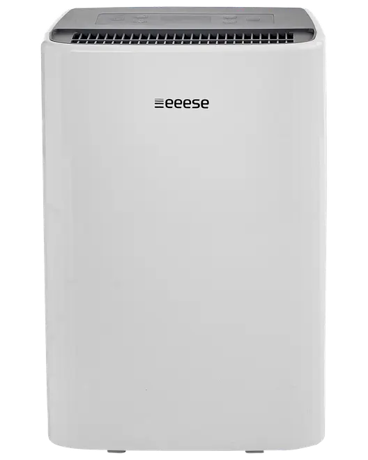 Vit eeese luftrenare med rektangulär design, toppventil och kontrollpanel. Modern, minimalistisk stil, kompakt och portabel för hem eller kontor.