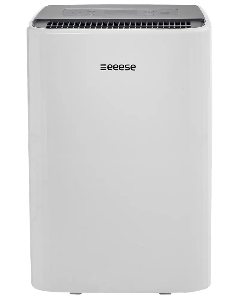 Vit eeese luftrenare med rektangulär design, toppventil och kontrollpanel. Modern, minimalistisk stil, kompakt och portabel för hem eller kontor.