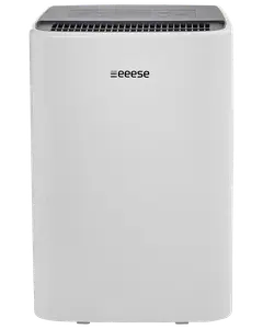 Vit eeese luftrenare med rektangulär design, toppventil och kontrollpanel. Modern, minimalistisk stil, kompakt och portabel för hem eller kontor.