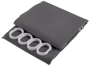 Sammenfoldet mørkegrå badeforhæng med metaløjer og fire hvide plastikkroge. Vandafvisende og slidstærkt stof, nemt at montere og vedligeholde til badeværelset.