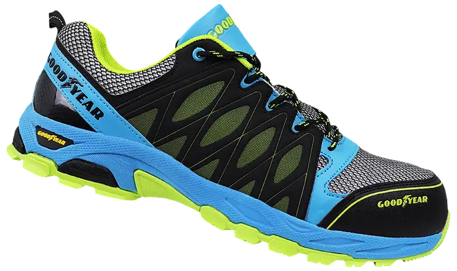 Herresportssko med blå, sort og neongule detaljer, åndbare meshpaneler, polstret sål, snørelukning og Goodyear-logo på siden og pløsen.