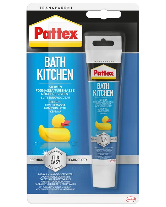 Pattex Bath Kitchen transparent silikonefugemasse, mugresistent og holdbar, 100 ml tube. Velegnet til badeværelse og køkken. Nem at påføre, med gul badeand illustration.