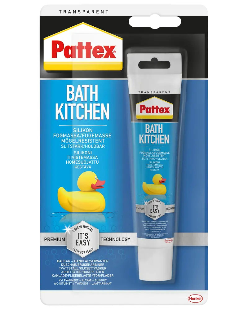 Pattex Bath Kitchen transparent silikonefugemasse, mugresistent og holdbar, 100 ml tube. Velegnet til badeværelse og køkken. Nem at påføre, med gul badeand illustration.