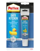Pattex Bath Kitchen transparent silikonefugemasse, mugresistent og holdbar, 100 ml tube. Velegnet til badeværelse og køkken. Nem at påføre, med gul badeand illustration.