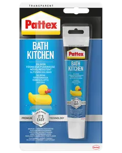 Pattex Bath Kitchen transparent silikonefugemasse, mugresistent og holdbar, 100 ml tube. Velegnet til badeværelse og køkken. Nem at påføre, med gul badeand illustration.