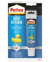 Pattex Bath Kitchen silikonefugemasse, hvid, skimmelresistent, slidstærk, egnet til badeværelse og køkken. Leveres i tube med nem påføring. Premium teknologi til fugning.