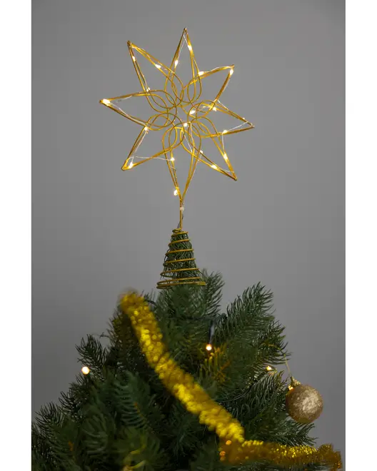 Guldtrådsstjerne til juletræstop med indbyggede varme hvide LED-lys, spiralbase for nem montering, moderne geometrisk design, ideel til at pynte juletræet festligt.