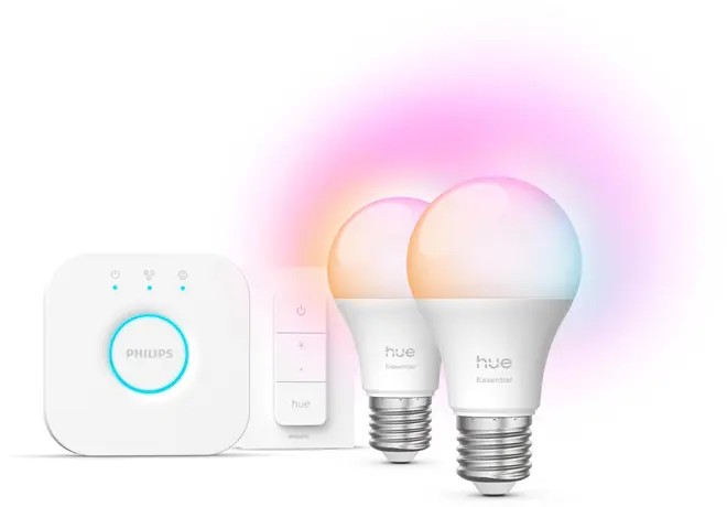 Philips Hue startsæt med to flerfarvede LED-pærer, trådløs dæmperkontakt og bridge hub. E27 fatning, justerbar farvebelysning, app- og stemmestyring.