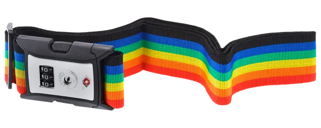 Bagagerem med regnbuestriber, trecifret kombinationslås og TSA-nøgleadgang. Justerbar, slidstærk nylon. Ideel til at sikre og genkende kufferter under rejser.